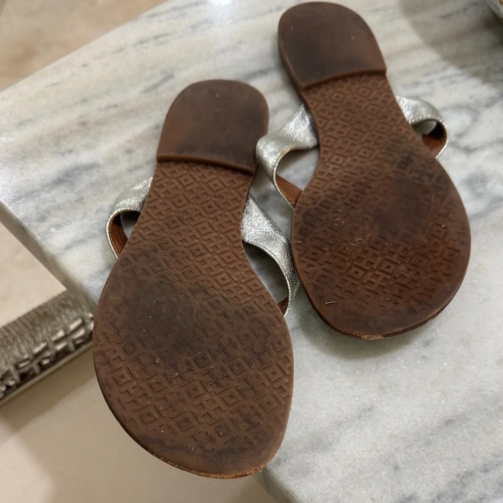 Tory Burch Gold Leather Thong Sandals with Brown Footbed